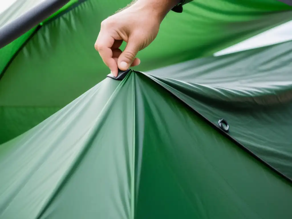 Persona aplicando sellador impermeable a tienda de campaña ecológica en entorno natural sereno