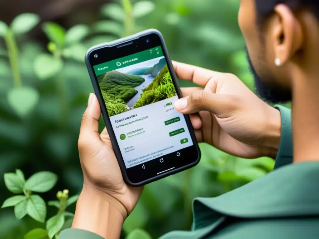 Persona usando smartphone para intercambio datos ecológicos en plataforma online, rodeada de grupo diverso en entorno natural