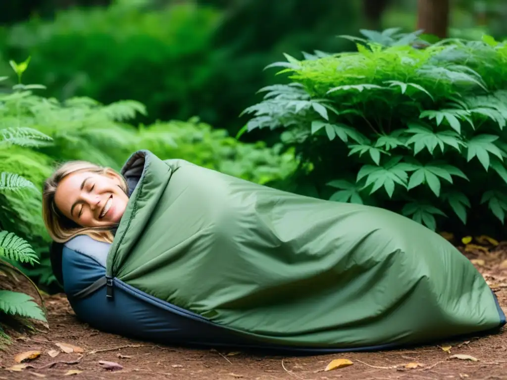 Persona sonriente deslinda bolsa de dormir ecológica para exteriores en entorno natural exuberante