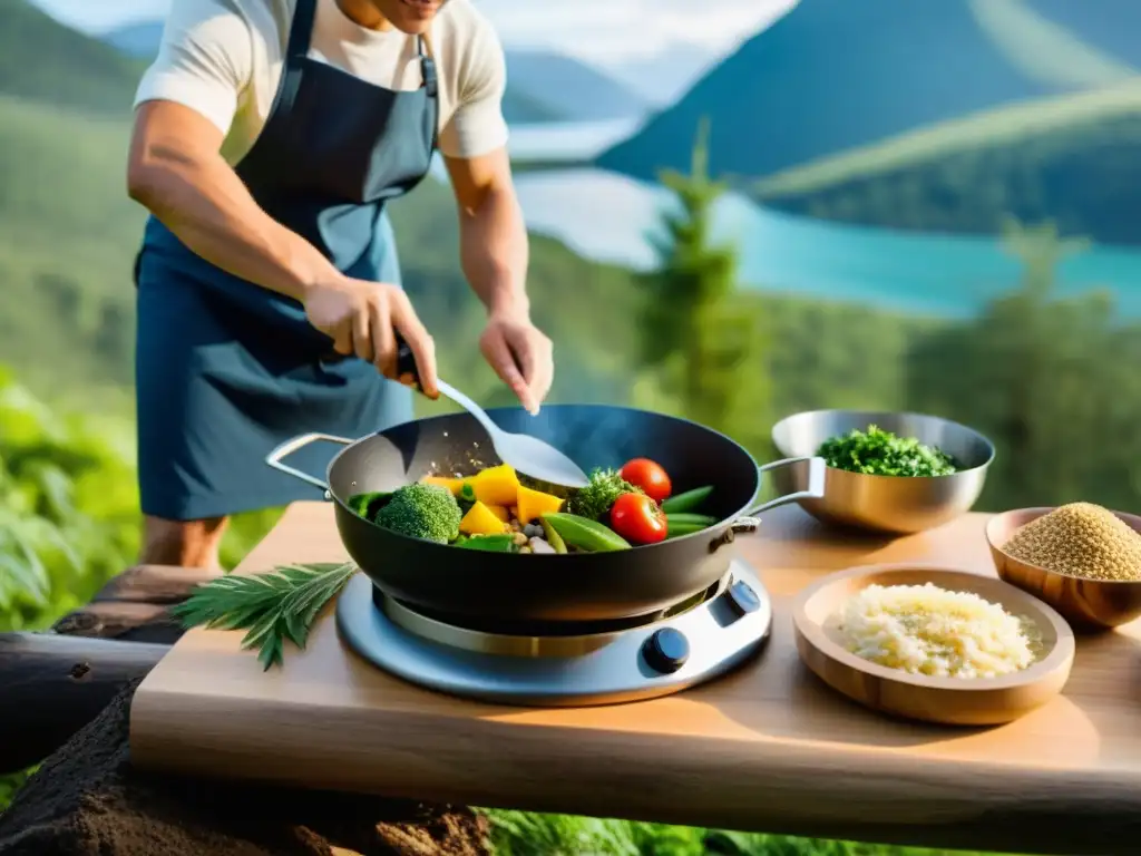 Persona cocinando con utensilios ecoamigables en entorno natural diverso, practicando 'Alimentarse sin dejar huella'