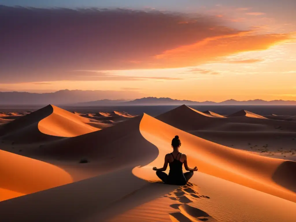 Persona practicando yoga al atardecer en un desierto, transmitiendo paz y conexión espiritual