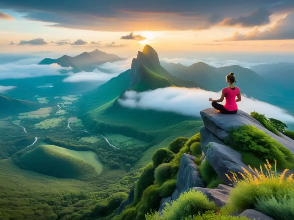 'Una persona practicando yoga al amanecer en la cima de una montaña, rodeada de naturaleza exuberante