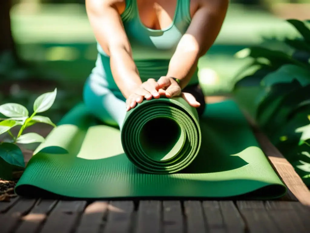 Persona practicando yoga en una esterilla sostenible con patrones ecológicos, en entorno natural exuberante