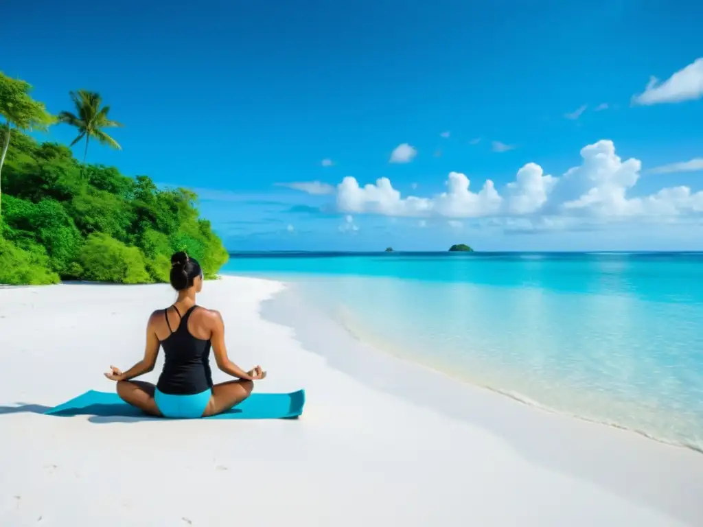 Persona practicando yoga en una isla remota, rodeada de naturaleza exuberante y aguas turquesas cristalinas