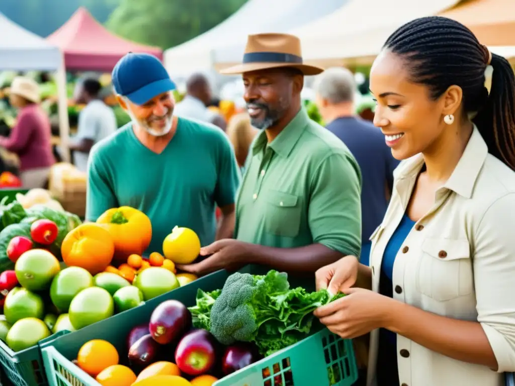 Personas diversas comprando en un animado mercado de alimentos orgánicos, promoviendo el impacto de alimentos orgánicos en ecosistemas