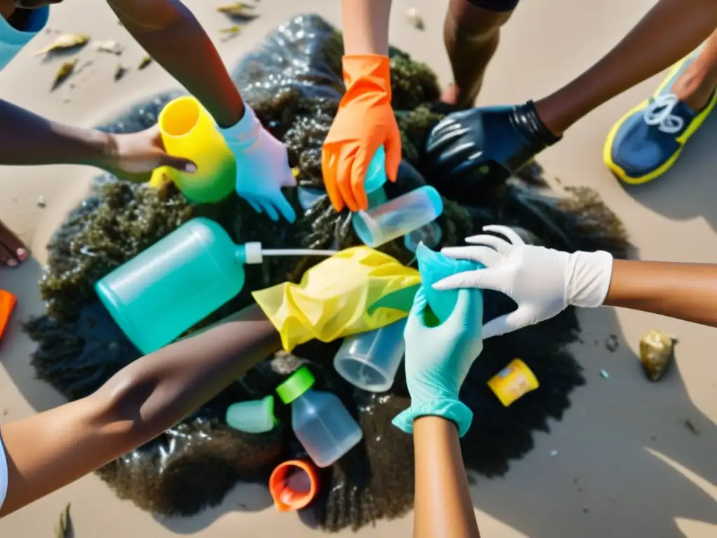 Personas diversas participando en limpieza de playa, recogiendo basura y protegiendo el ambiente