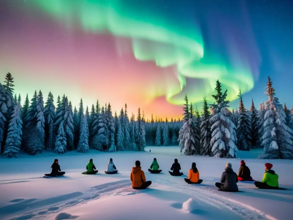 Personas practicando yoga en un bosque boreal nevado, iluminado por una aurora boreal, creando una atmósfera contemplativa y serena