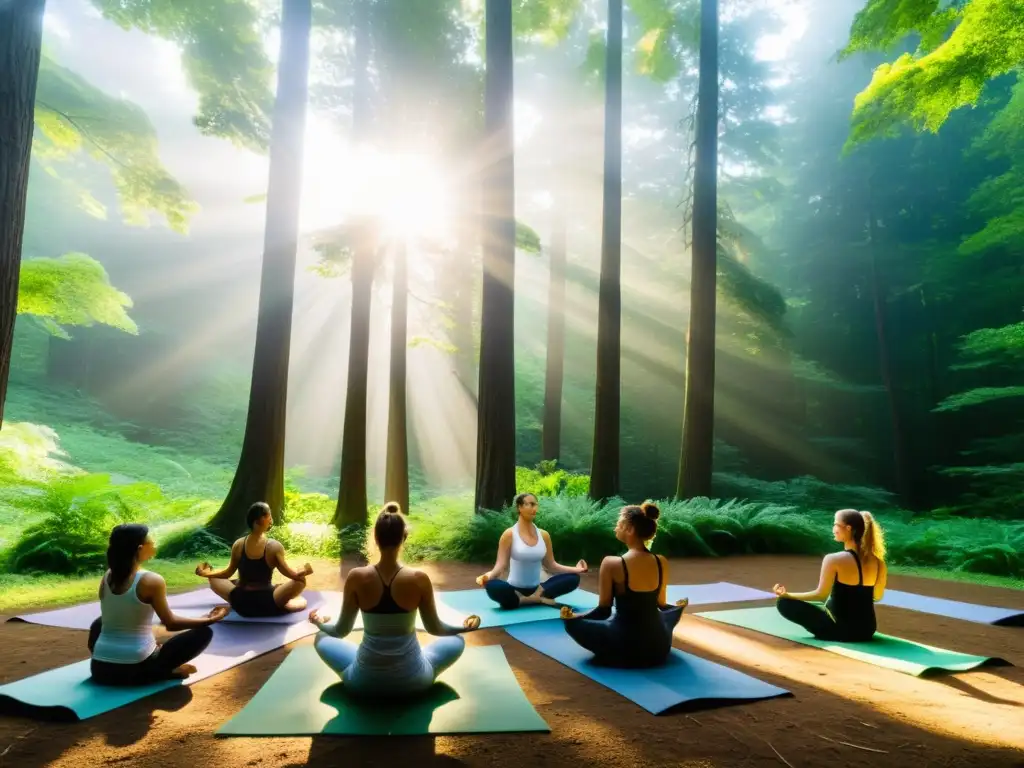 Personas practicando yoga en un claro de bosque sereno