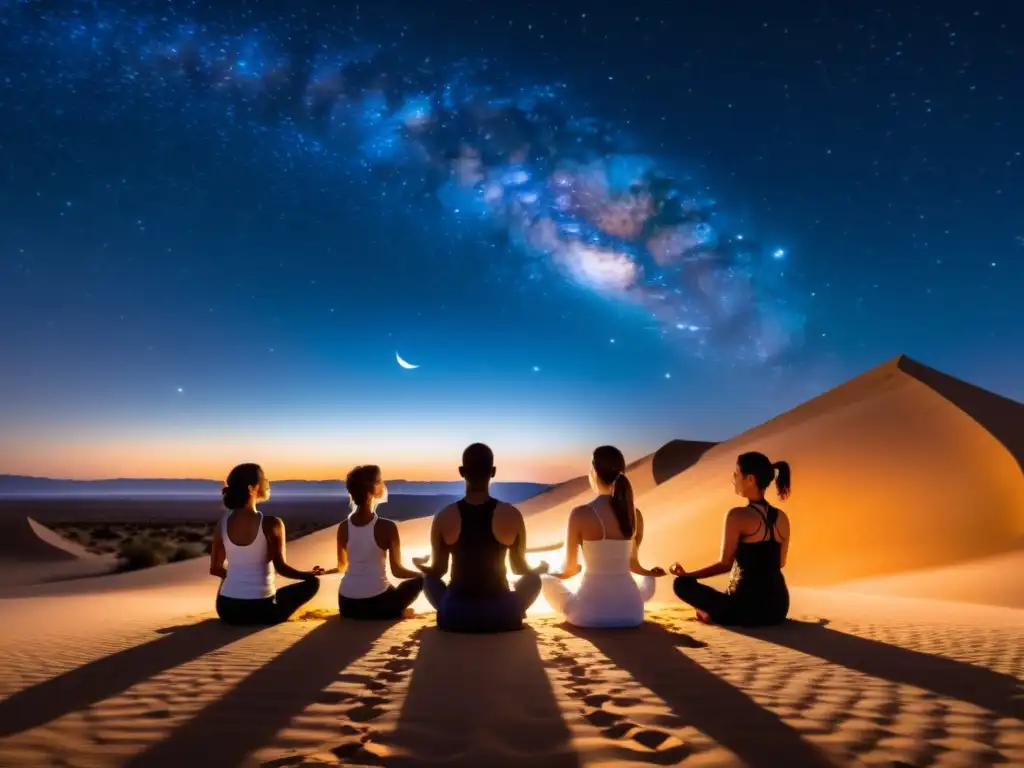 Personas practicando yoga bajo las estrellas en el desierto, creando una atmósfera serena y tranquila