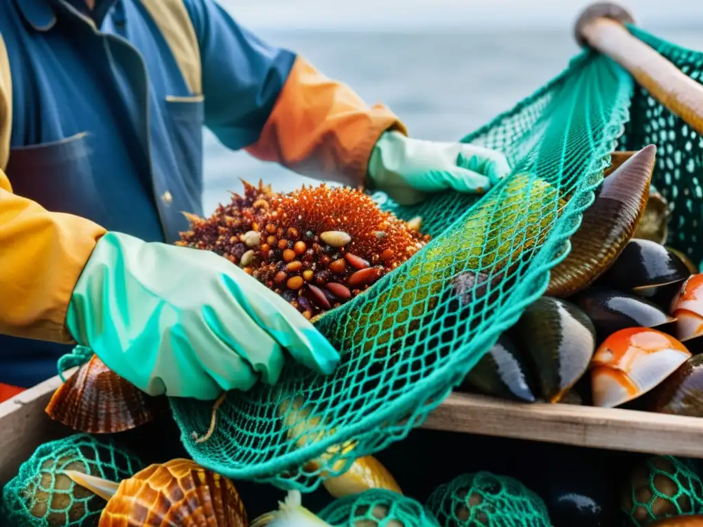 Un pescador inspecciona con cuidado mariscos frescos en la cubierta de un barco pesquero sostenible