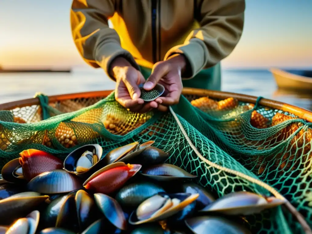 Un pescador inspecciona con cuidado mariscos vibrantes en una red al atardecer