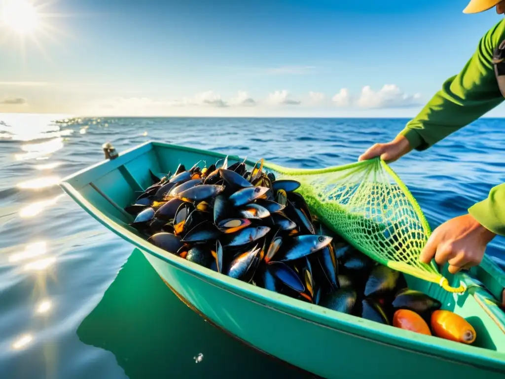 Un pescador recoge una red llena de mariscos responsables sello orgánico en un barco pesquero en alta mar, bajo el brillante sol