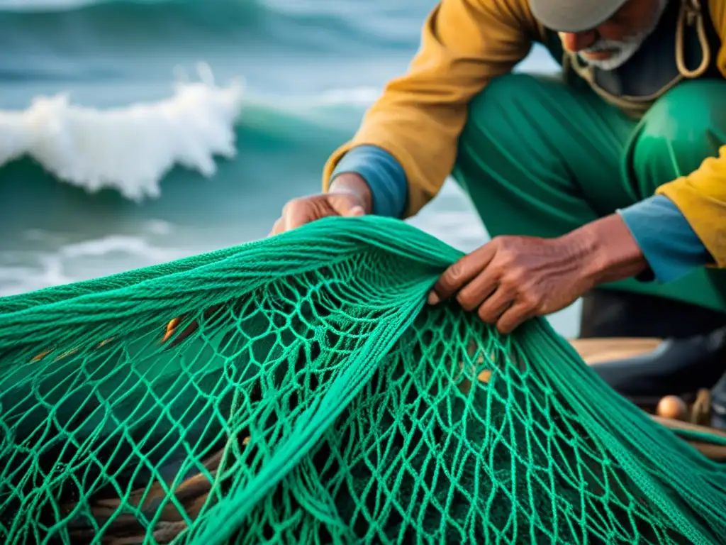 Un pescador reparando su red en el mar agitado, mostrando la resiliencia ante el impacto del cambio climático en la seguridad alimentaria