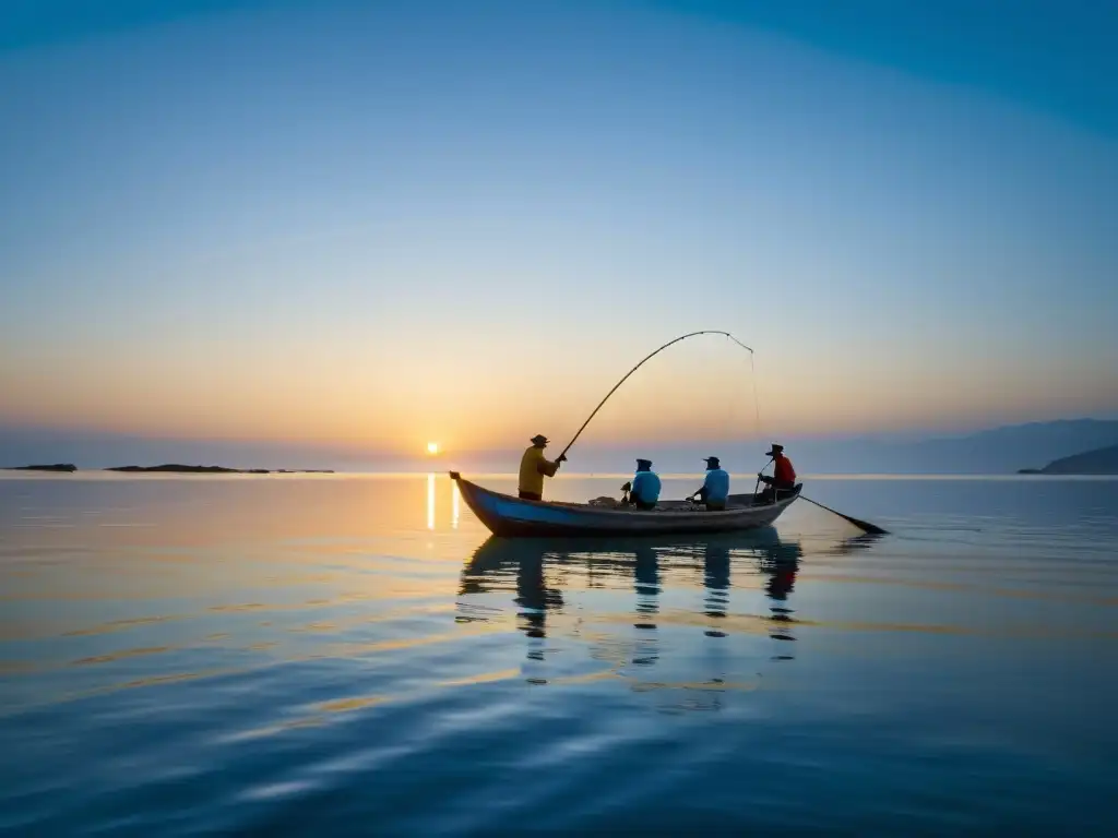 Pescadores en barco de madera tradicional lanzando redes al mar al amanecer, evocando la pesca sostenible en ecosistemas marinos