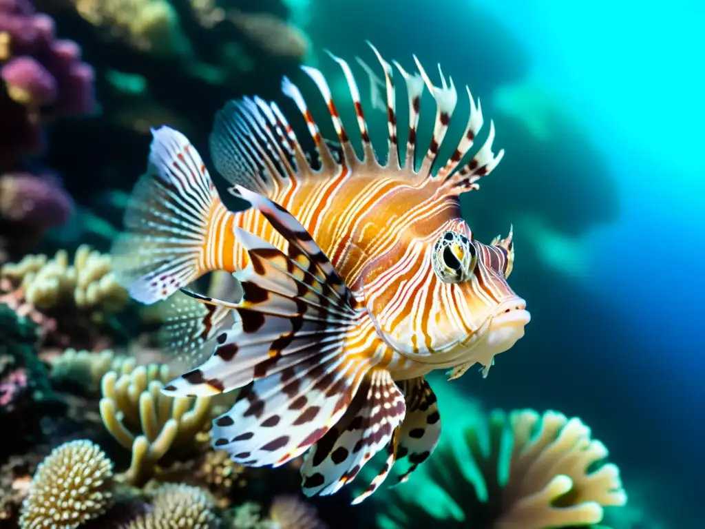 Un pez león nada entre coloridos corales en el Mediterráneo, mostrando la belleza y fragilidad de las especies invasoras en el Mediterráneo