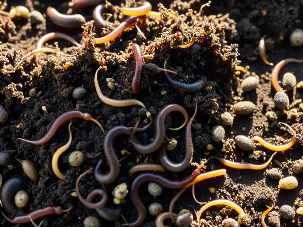 Una pila ordenada de compost oscuro y fértil, rebosante de vida: lombrices, materia orgánica descompuesta e insectos