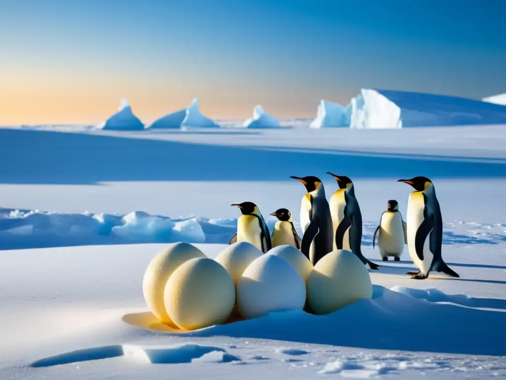 Emperador Pingüino cuidando sus huevos en la Antártida Pingüino emperador cuidando de sus huevos en el helado paisaje antártico al amanecer