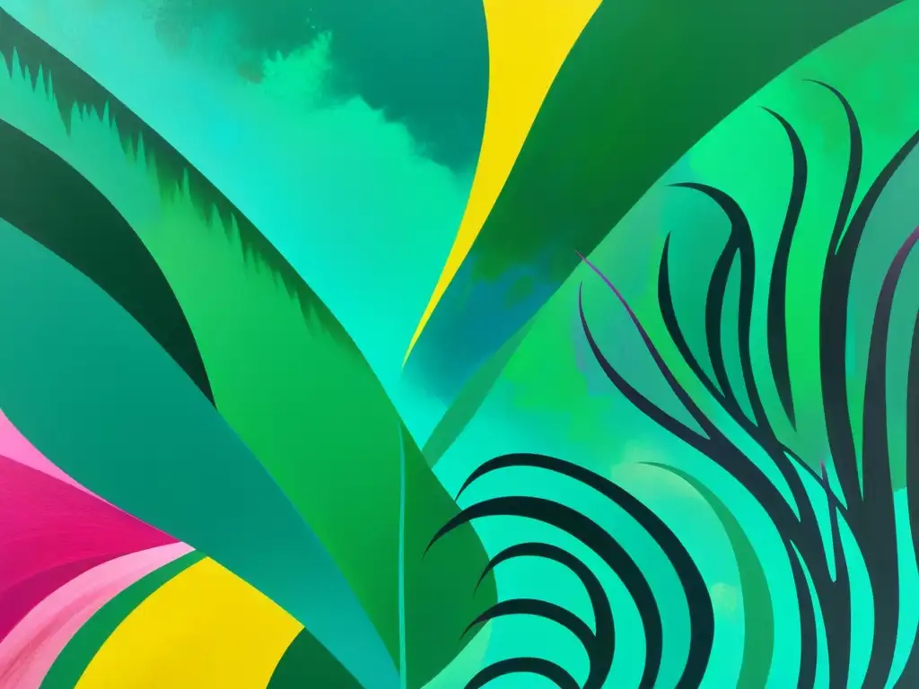 Una pintura abstracta vibrante que representa un exuberante y frondoso bosque tropical, creada por artistas que transforman ecosistemas en arte