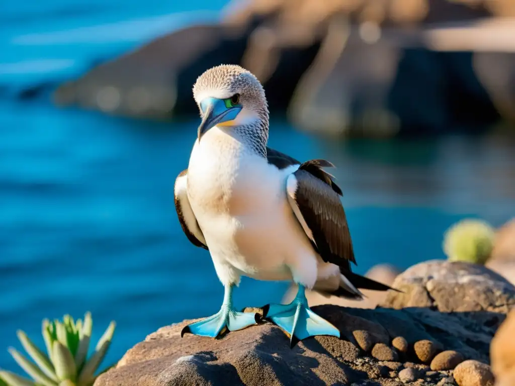 Un piquero de patas azules en las Islas Galápagos, con su mirada curiosa y el paisaje único de la fauna de Galápagos al fondo