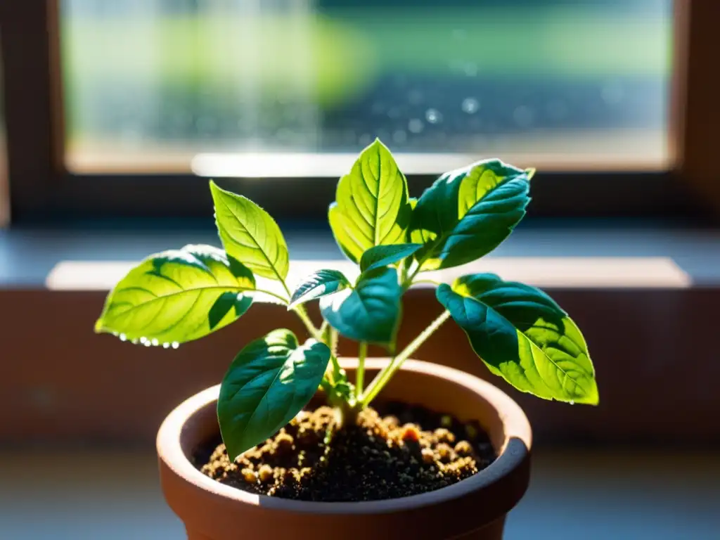 Planta de albahaca verde vibrante en maceta de terracota en una soleada ventana