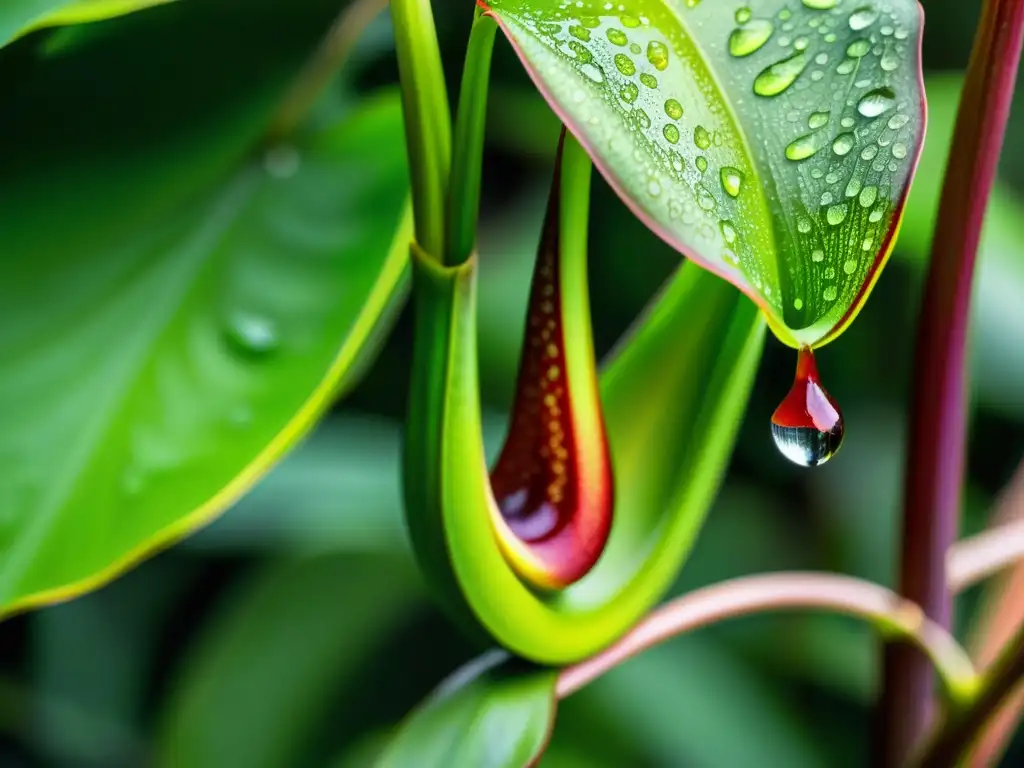 Una planta carnívora verde vibrante con gotas de rocío en la selva tropical