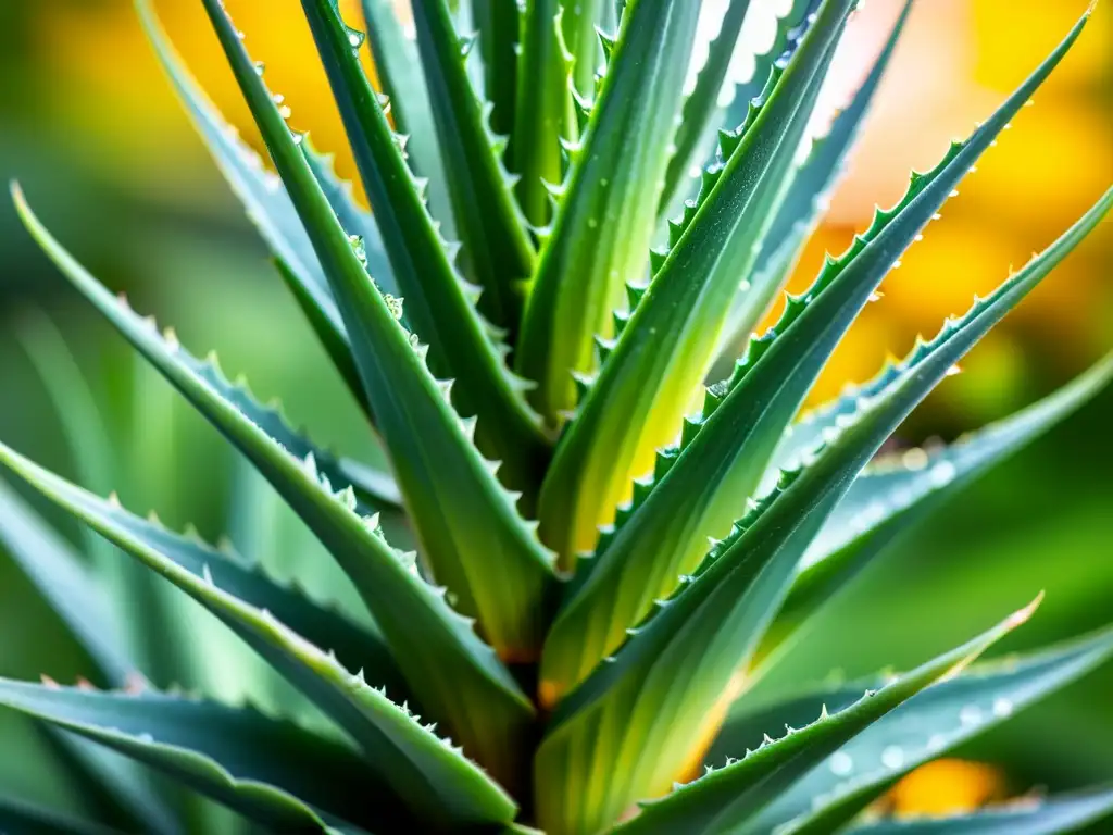 Una planta de sábila exuberante y vibrante, con gotas de rocío en sus hojas suculentas, bañada por la suave luz del bosque