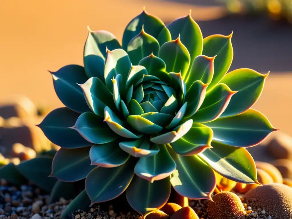 Planta suculenta en el desierto, con hojas carnosas y sistema de raíces adaptado a la sequedad