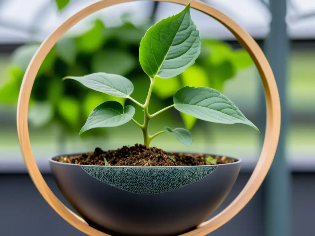 Una planta de vid vibrante crece en un macetero circular biodegradable, destacando los bonos verdes economía circular de forma impactante y sostenible