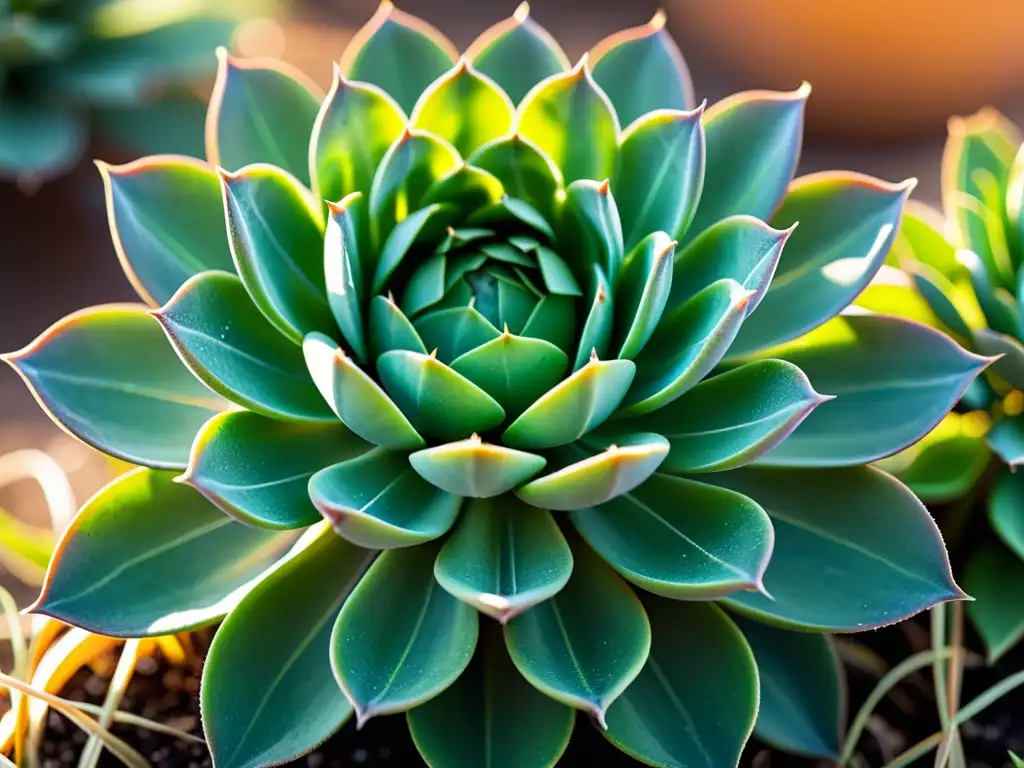 Plantas adaptadas vida praderas: Detalle de suculentas verdes vibrantes en paisaje soleado, con gotas de rocío resplandeciendo en el sol