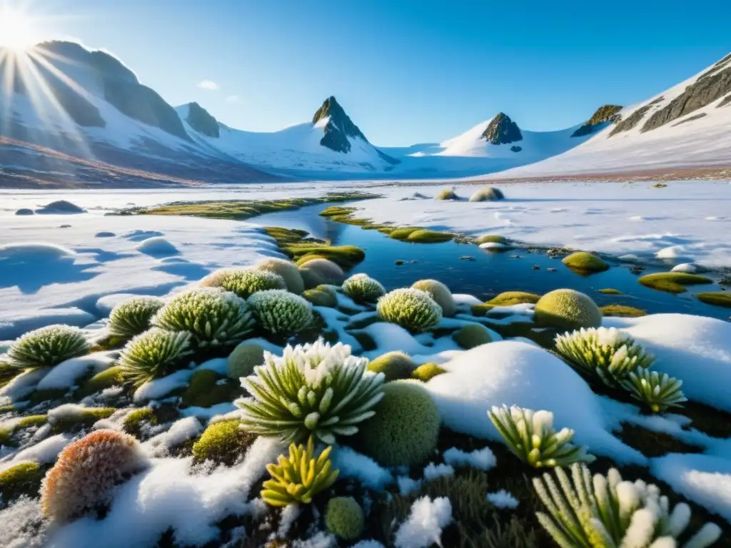 Adaptación de plantas y animales psicrófilos en un paisaje helado con musgo y liebres en la tundra congelada