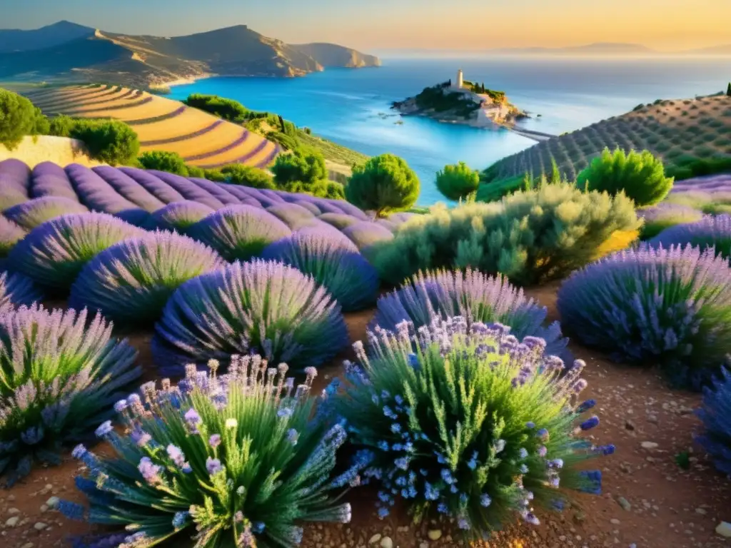 Plantas aromáticas ecosistema Mediterráneo: Campo mediterráneo con lavanda, romero y tomillo, abejas y mariposas entre flores, sol dorado sobre colinas y mar azul al fondo