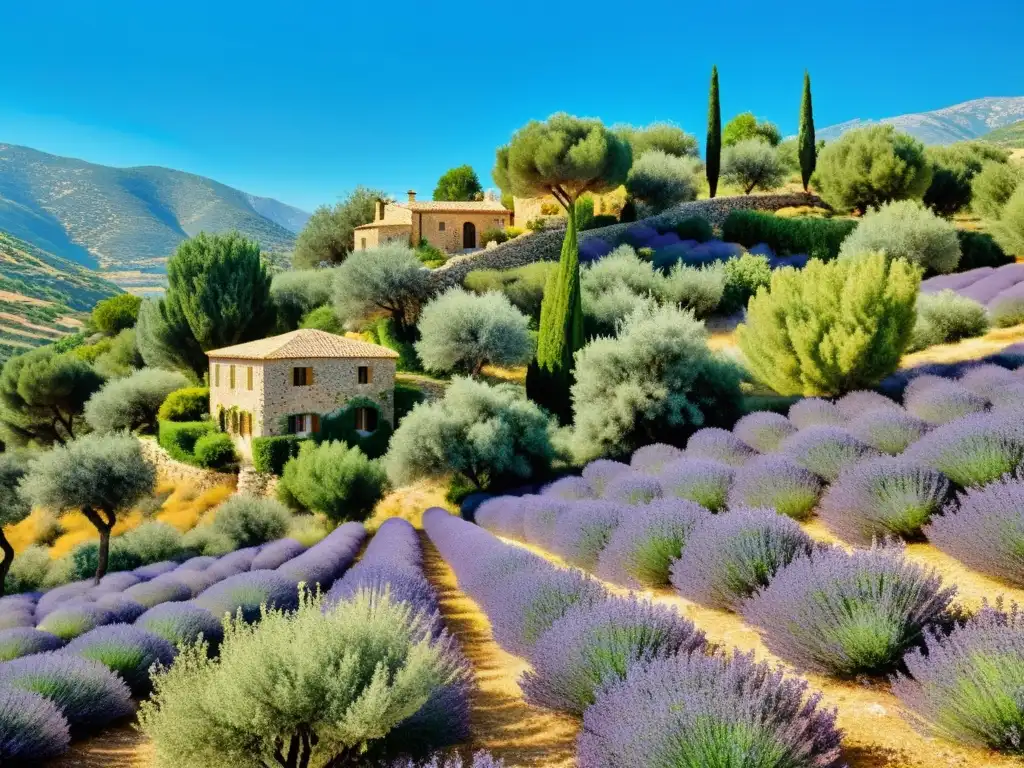 Plantas medicinales en ecosistemas mediterráneos: olivos, lavanda y mar azul bajo cielo despejado, con granja de piedra entre colinas