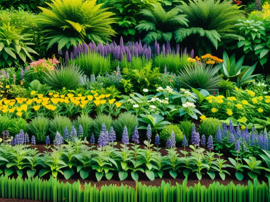 Jardín ecológico de plantas medicinales, lleno de vida y color, con cuidados detalles y diversidad botánica