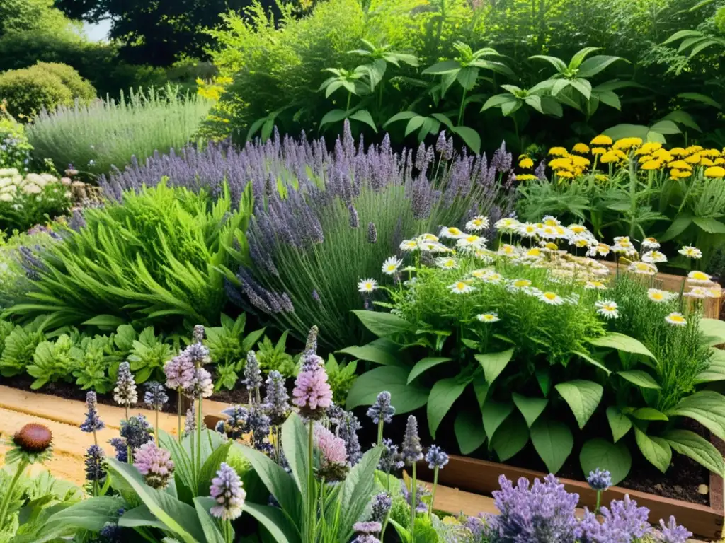 Jardín ecológico de plantas medicinales con variedad de colores y aromas, atrae abejas y mariposas, transmitiendo vitalidad y bienestar