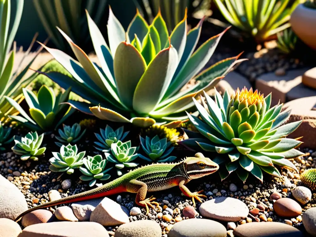 Un jardín xeriscape con plantas resistentes a la sequía, luz solar filtrándose entre las hojas, y un pequeño lagarto