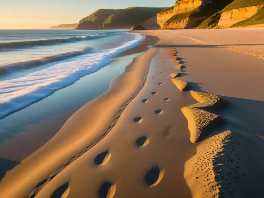 Playa aislada al amanecer con sonidos distintivos de las playas, olas suaves y luz dorada en la costa rocosa