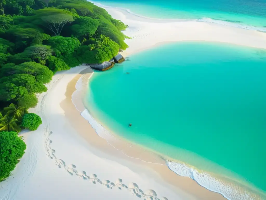 Playa virgen en isla remota, con aguas cristalinas y tortuga marina dejando huellas en la arena, muestra el impacto del turismo en islas ecológicas