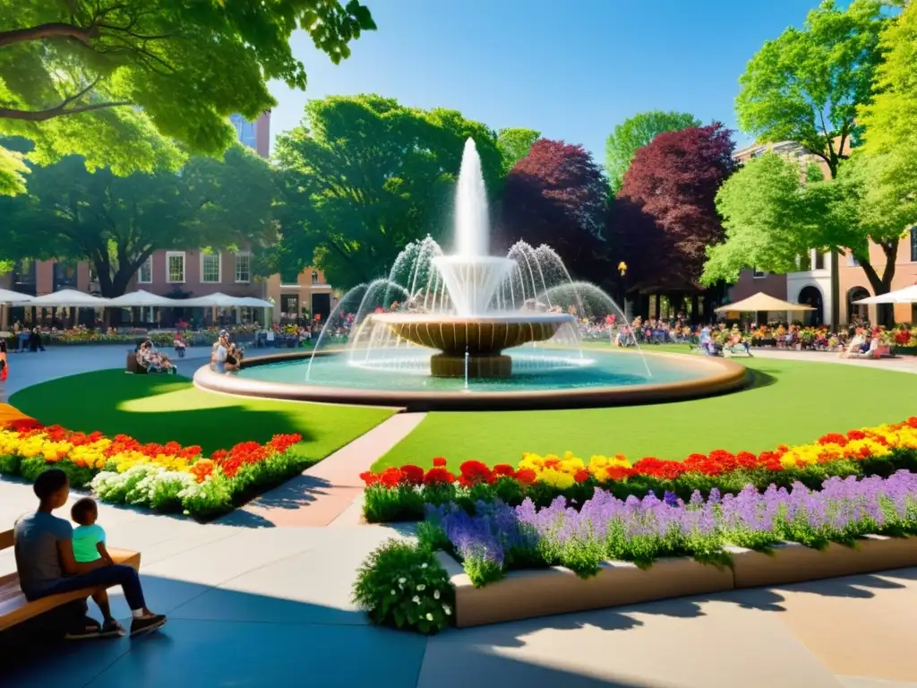 Una plaza bulliciosa llena de gente diversa disfrutando del sol, rodeada de árboles verdes y flores coloridas