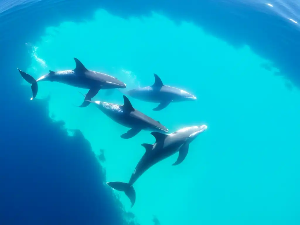 Un pod de ballenas jorobadas nada graciosamente en aguas turquesa cristalinas, destacando su rol ecosistémico