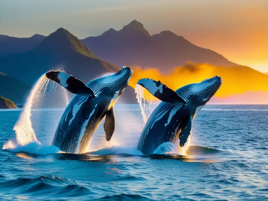 Un pod de majestuosas ballenas jorobadas emerge graciosamente en el océano al atardecer, destacando el papel de los cetáceos en ecosistemas marinos