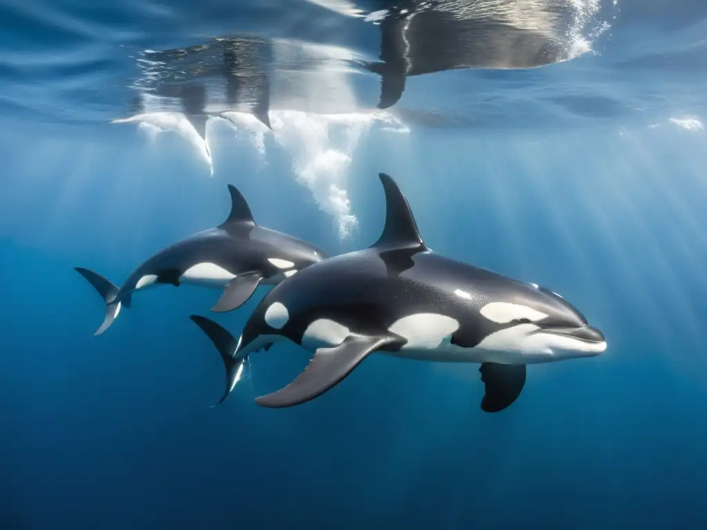 Un pod de orcas poderosas y elegantes nadando en formación perfecta en aguas cristalinas