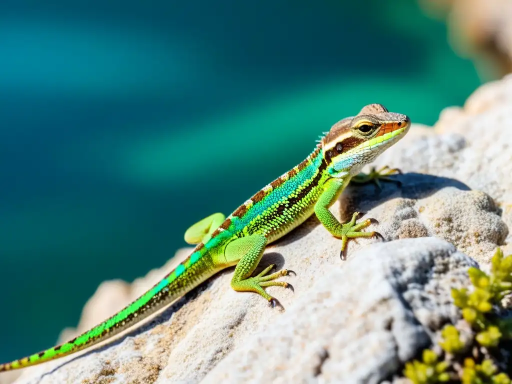 Un Podarcis lilfordi descansa en una roca al sol, con el mar Mediterráneo de fondo