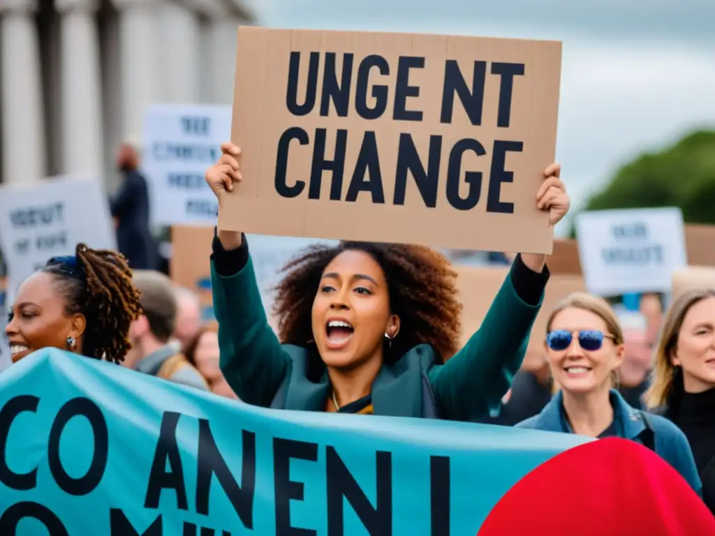 Una poderosa protesta por el cambio climático con diversas personas sosteniendo carteles hechos a mano