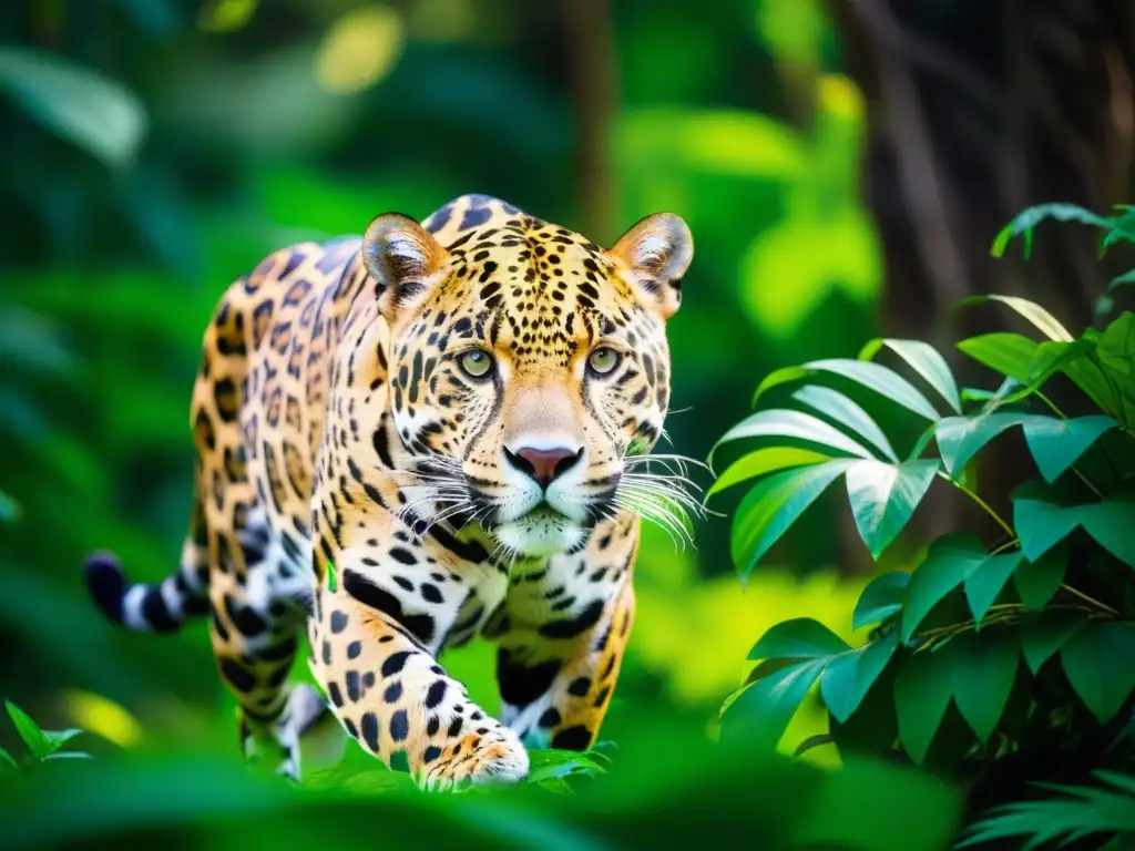 Un poderoso jaguar se desliza con gracia por la selva, sus músculos dorados relucen bajo la luz del sol