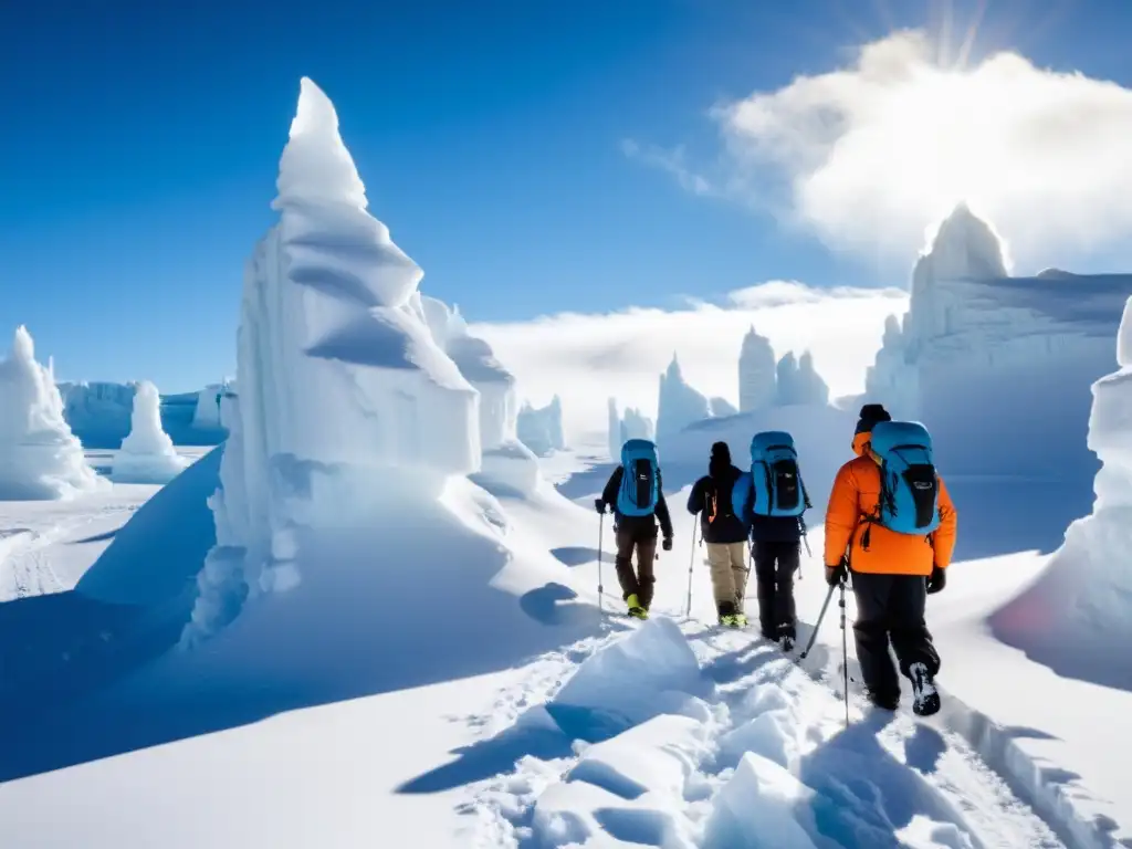 Expedición polar: Científicos explorando nevados glaciares con equipos de investigación, con estación de investigación al fondo