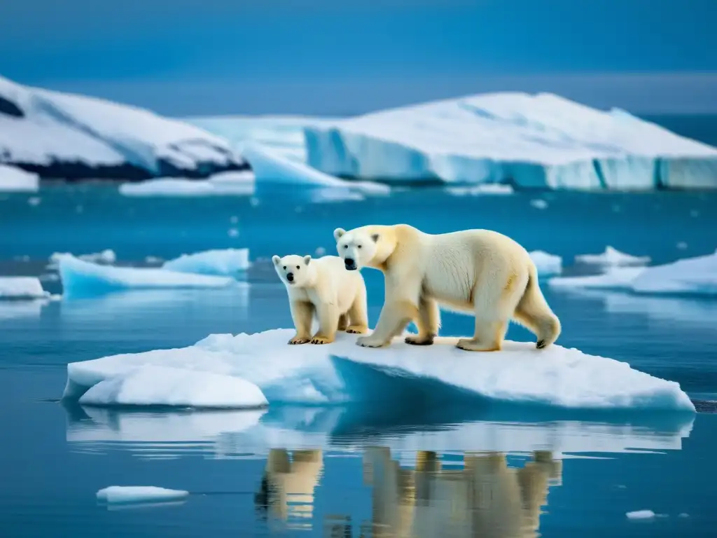 Madre oso polar y crías cruzando un bloque de hielo derretido, reflejando el impacto del calentamiento global en especies polares