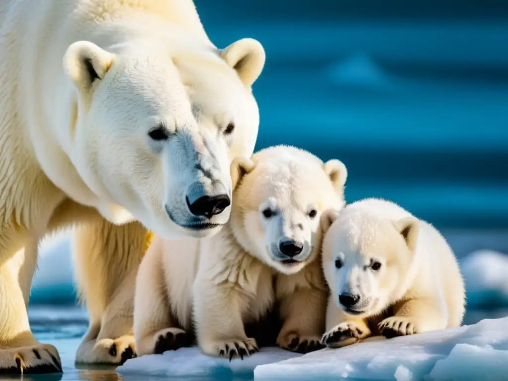 Madre oso polar protege a sus crías en un deshielo, reflejo del impacto del calentamiento global en ciclos reproductivos