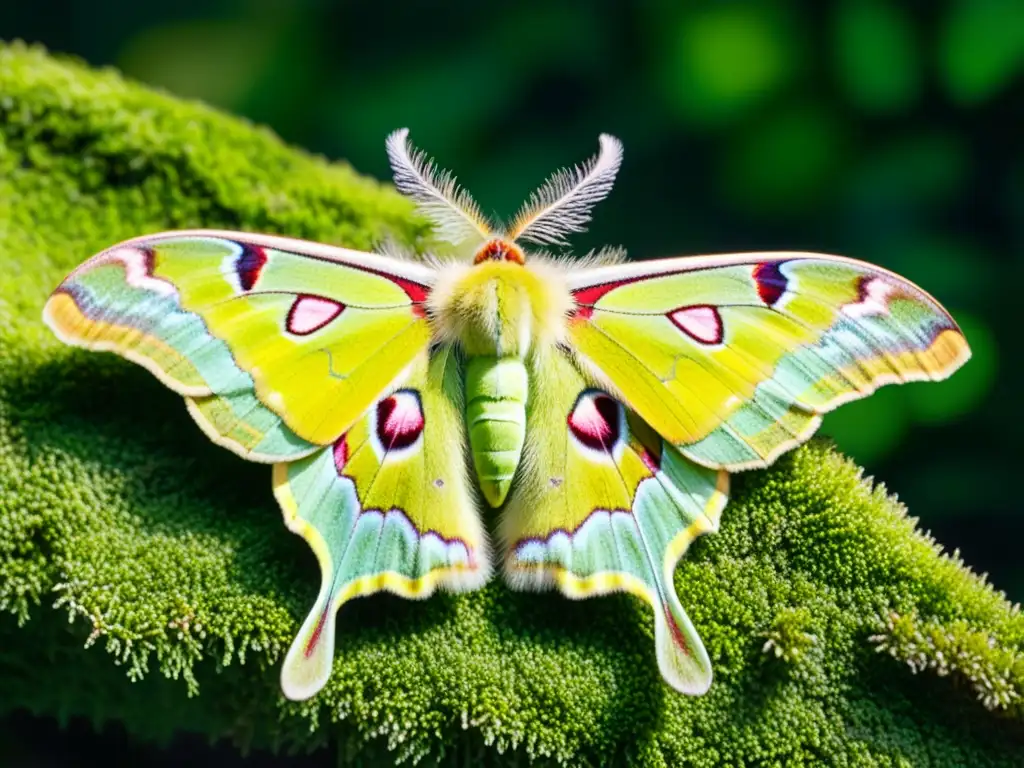 Una polilla luna verde descansa en musgo, revelando sus alas con patrones detallados