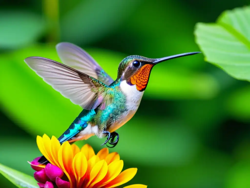 Polinizadores especializados en la selva tropical: una flor vibrante es polinizada por un insecto o colibrí, en un exuberante bosque tropical