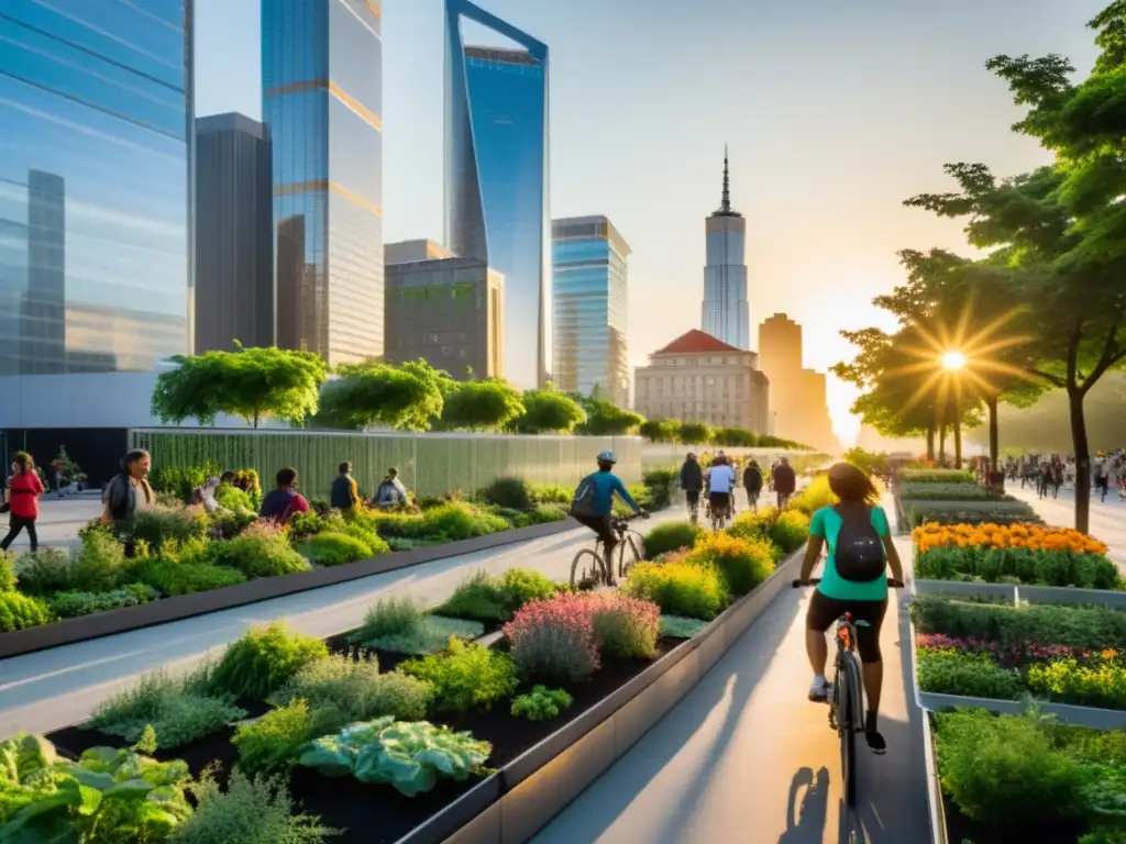 Postgrados ecosistemas urbanos ciudades verdes: Ciudad bulliciosa con rascacielos, ciclistas, jardines en azoteas y parques urbanos al atardecer